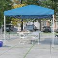 BizChair Portable Tailgate/Event Tent Set - 10 x10 Blue Pop Up Canopy Tent 6-Foot Bi-Fold Table Set of 4 White Folding Chairs