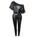 Women Sexy Faux Leather Jumpsuits Long Sleeve Off Shoulder One Piece Bodycon Romper Party Clubwear