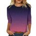 iOPQO womens t shirts Womens Casual Fashion Gradient Printing O Neck Three Quarter Sleeve Tops T Shirt Blouse t shirts for women Purple + S
