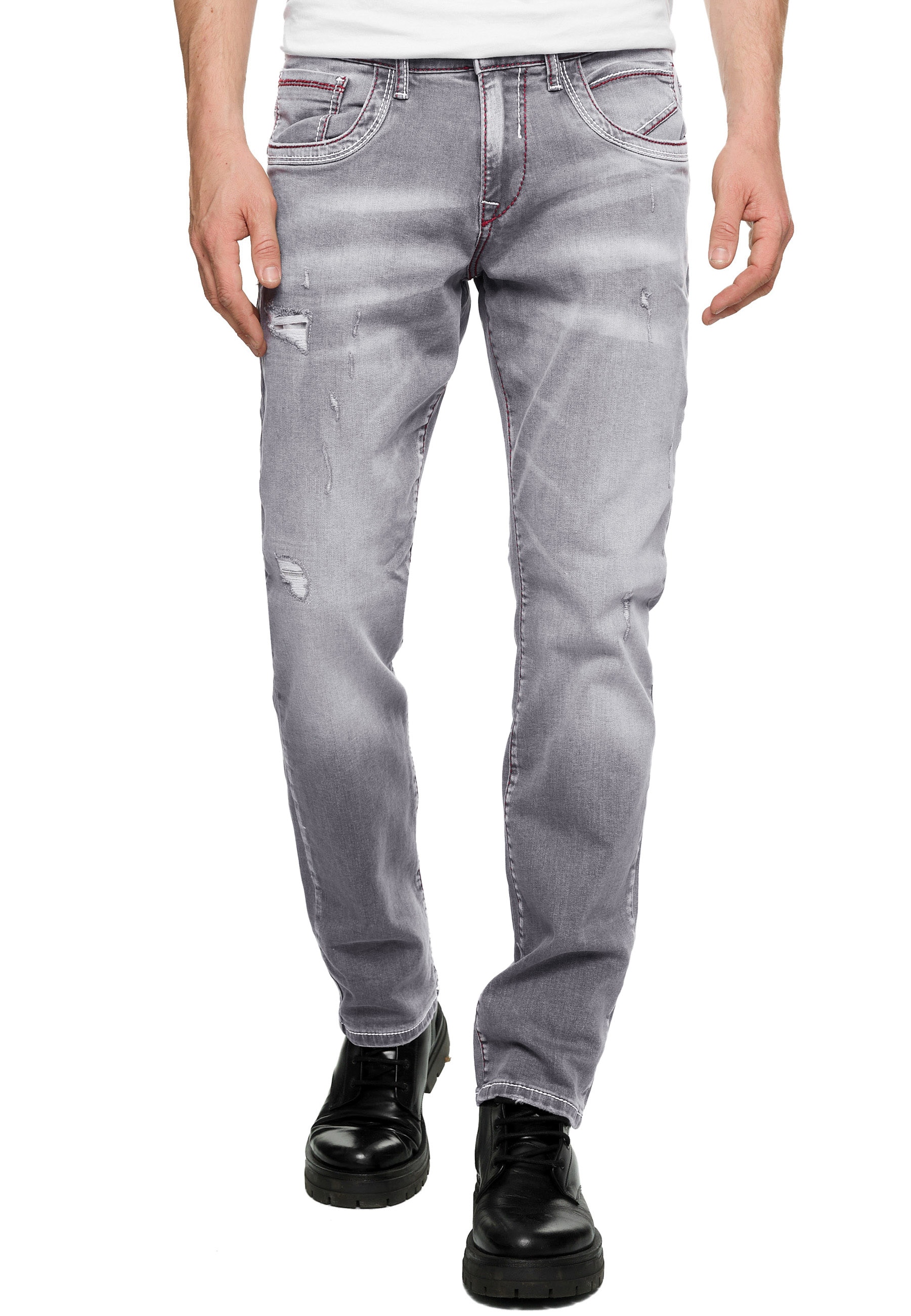 Straight-Jeans RUSTY NEAL "ODAR", Herren, Gr. 39, US-Größen, grau, 98% Baumwolle, 2% Elasthan, unifarben, lang, Jeans Straight-Jeans, Mit farblich abgesetzten Ziernähten