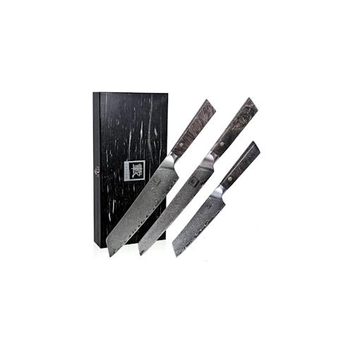 Zayiko Professional Series 3er Damastmesser-Set I 12-20 cm Klingen I Ahornholzgriffe