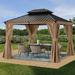 ABCCANOPY 10x12 Outdoor Galvanized Steel Double Roof Permanent Wood Grain Coated Aluminum Pavilion Gazebo with Netting and Curtain Wood Grain Khaki