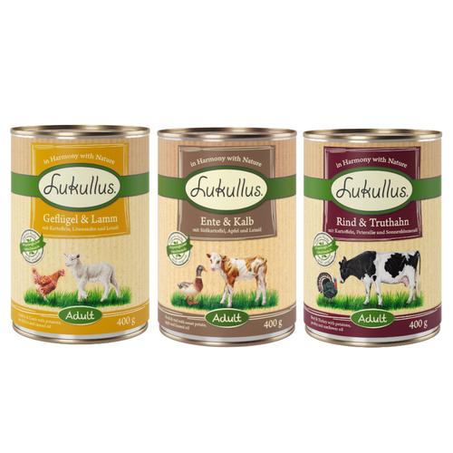 10 + 2 gratis! 12 x 400 g Sparpaket Lukullus Naturkost - Mixpaket 3 Getreidefrei (3 Sorten)