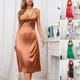 Robe longue en fausse soie pour femmes Sexy col en V dos nu élégante couleur unie Slim fête