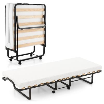 Costway Twin Size Folding Bed with Foam Mattress and Lockable Wheels