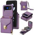ELEHOLD Crossbody Wallet Case for Samsung Galaxy Z Flip 4 Premium Leather Case with Card Holders Zipper Pocket Metal Snap Detachable Shoulder Strap Luxury Full Body Protection Case for Women Purple