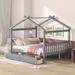 Full Size Wooden House Bed with Drawers, Wooden Frame Playhouse, Full Size Platform Bed with 2 Headboards for Kids, Girls, Boys