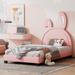 Twin Size Rabbit Ornament Upholstered Platform Bed with High Load Capacity