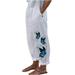 RYRJJ Cotton Linen Pants for Women Wide Leg Casual Butterfly Floral Print Harem Trousers Summer Comfy High Waisted Baggy Pants Pockets(01#Blue XXL)