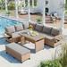 5-Piece Outdoor Patio Rattan Sofa Set L-Shaped Sectional PE Wicker Garden Furniture Set with 2 Extendable Side Tables Dining Table and Washable Covers for Backyard Poolside Indoor Brown