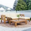 Churanty 5 Pieces Outdoor Wooden Conversation Sets Patio Wood Sectional Sofa Coach with Cushions and Coffee Table Beige