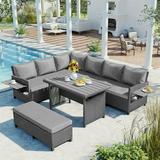 5-Piece Outdoor Patio Rattan Sofa Set L-Shaped Sectional PE Wicker Garden Furniture Set with 2 Extendable Side Tables Dining Table and Washable Covers for Backyard Poolside Indoor Gray