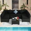 Outdoor Furniture Set 7pcs Patio Sectional Sofa Slant Back Wicker Chairs and Coffee Table All Weather PE Rattan Patio Couch Set with Black Cushions