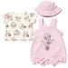 Disney Minnie Mouse Newborn Baby Girls French Terry Short Overalls T-Shirt and Hat 3 Piece Outfit Set Newborn to Infant