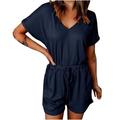 Women s Summer Short Sleeve V Neck Short Jumpsuit Loose Casual Romper with Pockets Fashion Women Summer Casual Sexy Short Sleeve Solid Color V-Neck Jumpsuits Navy XXL