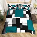 Teal Geometric Duvet Cover Set King Size, Black White Grey Square Comforter Cover with 2 Pillowcases, Modern Abstract Bedding Set 3pcs for Kids Boy Girls Room Decor Checkered Bedspread Cover