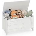 INFANS Wooden Toy Chest Wide Kids Toy Box Storage Space with Safety Hinge Handles Toddler Cabinet Organizer for Bedroom Playroom Living Room Entryway (White)