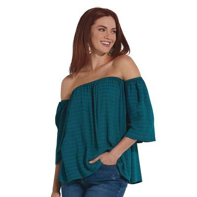 K Jordan Off-Shoulder Shirt (Size S) Peacock Teal, Rayon,Polyester