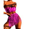 Rave Outfits für Damen, 3-teiliges Bikini-Set Quasten Rock Metallic-Badeanzug Holografisches Bandeau-Oberteil Badeanzüge für Festivals(Rose,L,1005w)