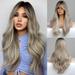 BERON Ombre Gray Wigs Long Wavy Women Wigs with Bangs Gray Blonde Curly Heat Resistant Synthetic Wigs for Daily Wigs Wig Cap Included