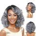 DOPI Bob Wig with Bangs Natural Ombre Silver Wig Synthetic Hair Shoulder Length Short Curly Wigs for Women(2Pack)