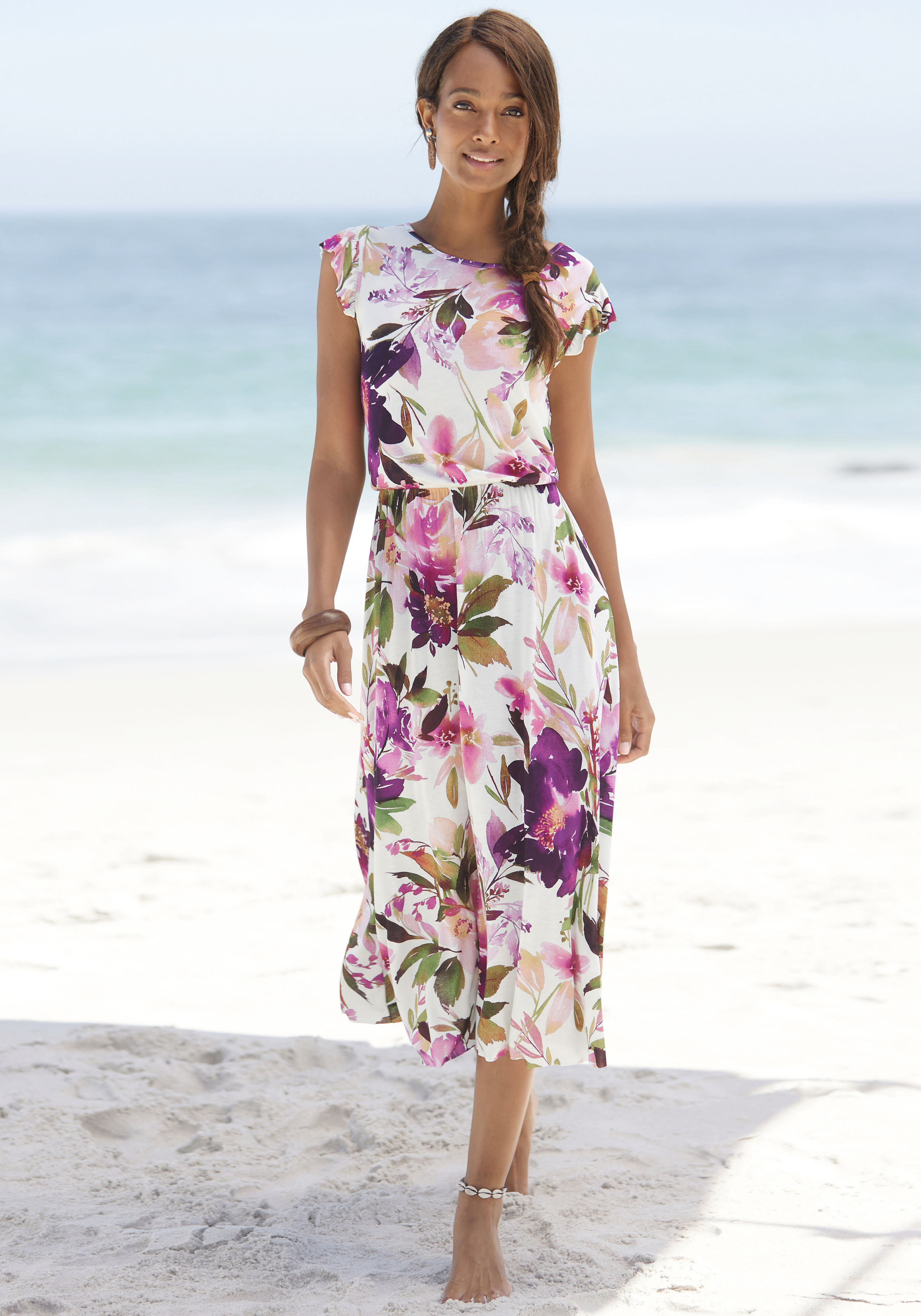 Midikleid BEACHTIME, Damen, Gr. 34, N-Gr, weiß (weiß bedruckt), Jersey, Obermaterial: 100% Viskose, bedruckt, figurumspielend ca. Mitte Wade, Rundhals, Kleider, mit Blumendruck und Gummizug, Sommerkleid, Strandkleid Image