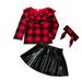 Herrnalise Kids Baby Girls Ruffle Plaid Tops+Leather Skirt Short Skirt + Hband Sets
