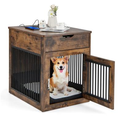 Costway 2-In-1 Dog House with Drawer and Wired Wireless Charging-Rustic Brown