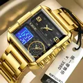 LIGE – montre de Sport en acier doré pour hommes grande marque de luxe analogique carrée