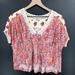 Free People Tops | Free People V-Neck Cap Sleeved Lace Trim Blouse Pink Floral Boxy Boho Cropped M | Color: Cream/Pink | Size: M