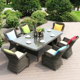 SHINYOK Rectangular 6 - Person 62.99" Long Outdoor Dining Set w/ Cushions Glass/Wicker/Rattan in Gray | 62.99 W x 35.43 D in | Wayfair