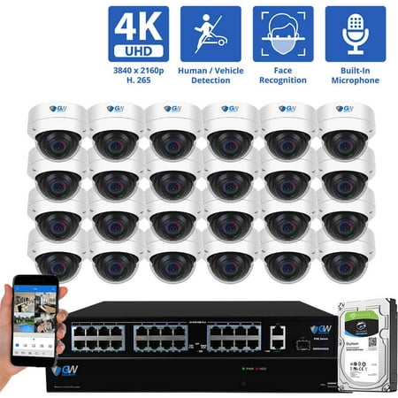 GW Security 32 Channel NVR UltraHD 4K Face/Human/Vehicle Detection PoE Security Camera System with 24 x 4K (8MP) IP Microphone AI Dome Camera 100ft Night Vision Outdoor/Indoor Surveillance Camera