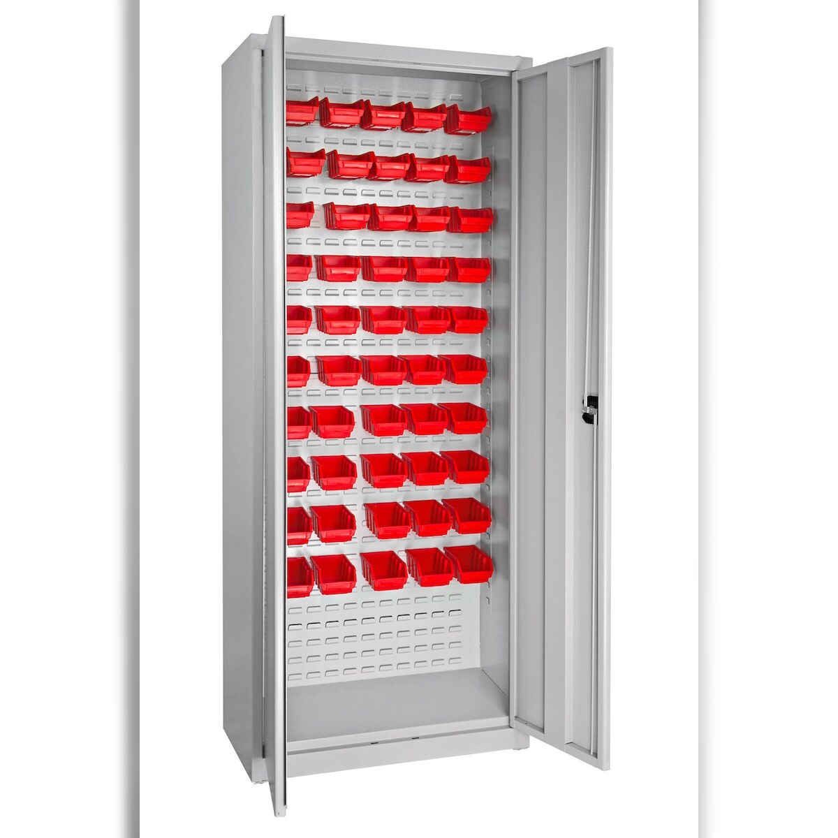 PROREGAL Flügeltürenschrank Owl mit Schlitzplatte + 50 Sichtlagerkästen| HxBxT 193x78x38cm | Lichtgrau Image