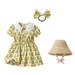 B91xZ Girls Sun Dresses Kids Toddler Baby Girls Spring Summer Print Floral Short Sleeve Princess Dress Hat Headbands 3PC Yellow Sizes 2-3 Years