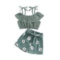 Toddler Baby Girls Summer Outfit Suit Cotton Linen Lace Up Bandage Strap Tops+Elastic Floral Print Shorts 2PCS Casual Clothes Set