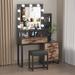 Latitude Run® Olmeda Makeup Vanity Set w/ LED Bulbs Mirror & Stool Wood in Black/Brown | 63 H x 39.4 W x 15.7 D in | Wayfair