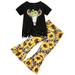 B91xZ Baby Girl Outfit Toddler Kids Girls Short Sleeves Cow Head Sunflowers Top Outfits Set Bell Bottom Pants Flared Black Sizes 4-5 Years
