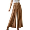 RYRJJ Women s Palazzo Wide Leg Pants Bow Knot Front High Waist Side Slit Flowy Pleated Pant Casual Work Dress Trousers with Belt(Brown XL)