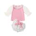 B91xZ Girls Outfits Toddler Girls Tulle Long Sleeve Lace T Shirt Tops Bowknot Shorts Outfits Pink Sizes 12-18 Months