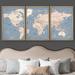 IDEA4WALL Large Global Antique World Map - Framed Canvas 3 Piece Print Triptych Set Wall Art Canvas in Blue | 24 H x 48 W x 1.5 D in | Wayfair