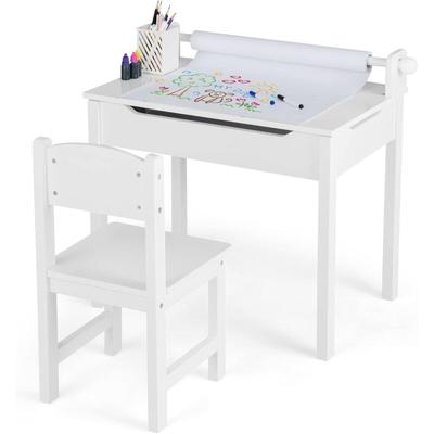 Goplus - Kindertisch mit Stuhl, Maltisch mit Papierrolle & Marker, Aufklappbare Kindersitzgruppe Image