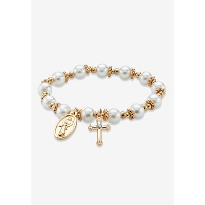 Women's Round Simulated Pearl And Beaded Religious Stretch Bracelet In Goldtone 7" Jewelry by PalmBeach Jewelry in Pearl