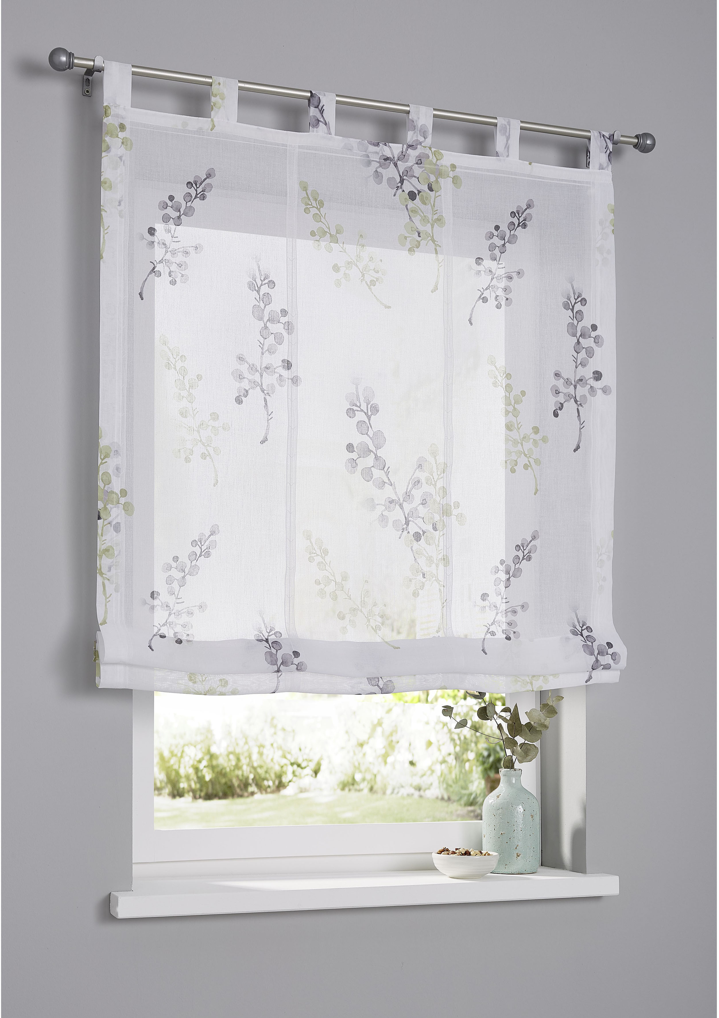 Raffrollo KUTTI "Danny" Gr. 2, grün (grau, grün, sanftes weiß), B:60cm H:140cm, Obermaterial: 100% Polyester, Raffrollos, Montage ohne Bohren, für Gardinenstangen