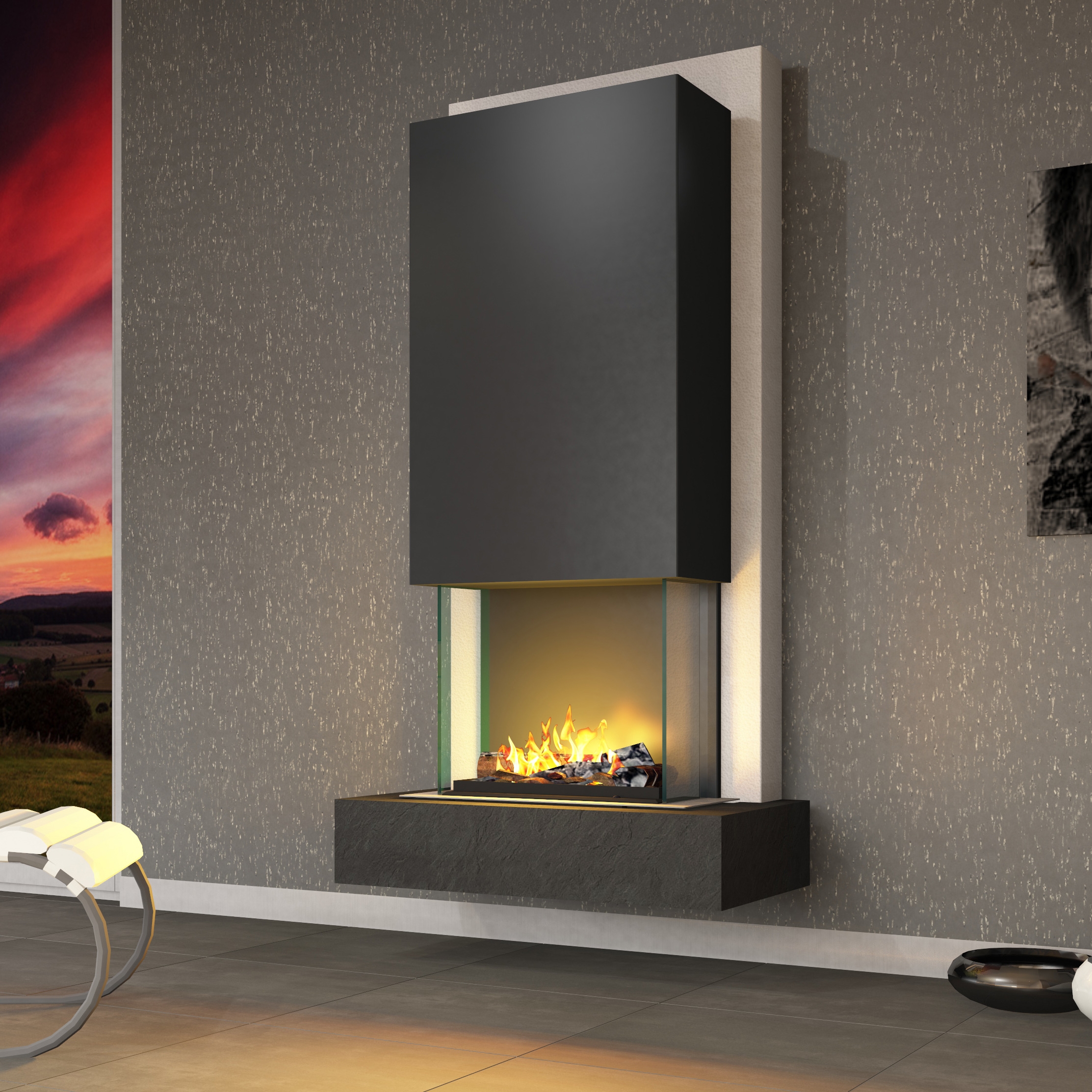 muenkel design Arco [Elektrokamin Opti-myst]: Galaxy (Schiefer dunkelgrau) - schwarz-grau