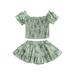 Toddler Baby Girls Summer Clothes Outfits Floral Print Off Shoulder Short Sleeve Ruched T-shirts+Ruffles Shorts Skirts 2Pcs Suit