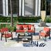 OVIOS 4-piece Outdoor Steel Frame Ottoman Wicker Solid Pattern Cushion Sectional Set Glass Table Red/Orange