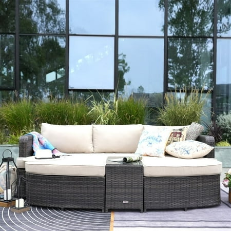 Direct Wicker 5-piece Patio Wicker Daybed Sectional Sofa Set with Side Table Brown