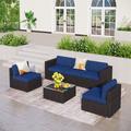 MakeYourDay 6-Piece Outdoor Sectional Sofa Rattan Patio Furniture Set Conversation Set with Tea Table Blue Type D