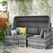 5 Pieces Outdoor PE Wicker Sectional Patio Rattan Daybed Sofa Set with Canopy and Tempered Glass Side Table