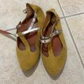 Anthropologie Shoes | Anthropologie Womens T Strap Suede Flats. Size 8. | Color: Silver/Yellow | Size: 8